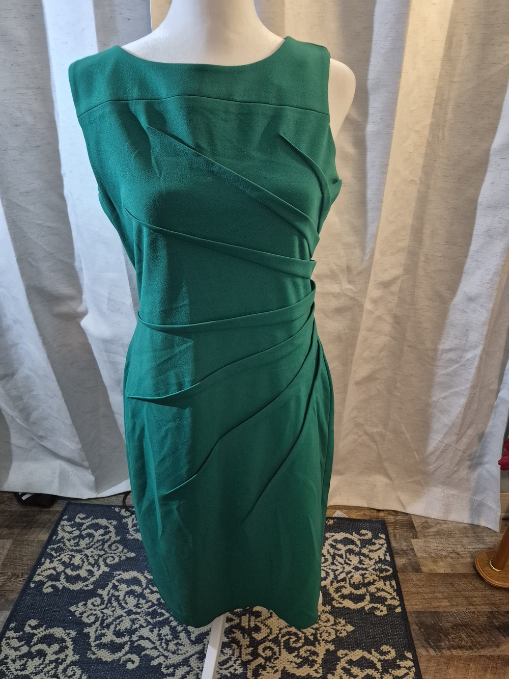 Calvin Klein Green Asymmetric Sleeveless Sheath Knee Dress Pleated Boat 8